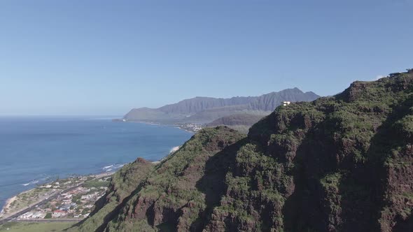 Rising view of the Pink Pillbox of Maili in Oahu Hawaii on a sunny day alt