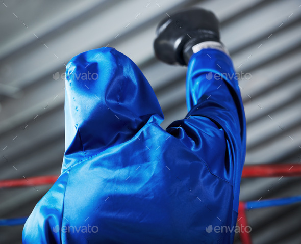 Motivation. Rear view of a boxer with his fist in the air.