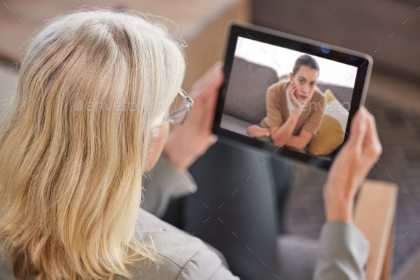 Video call, tablet or business woman for digital meeting, webinar consulting or zoom call with cust