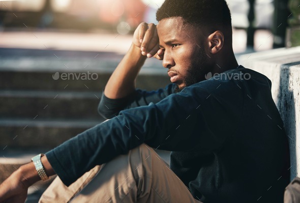 Stress, depression or sad black man at stairs thinking of dilemma ...