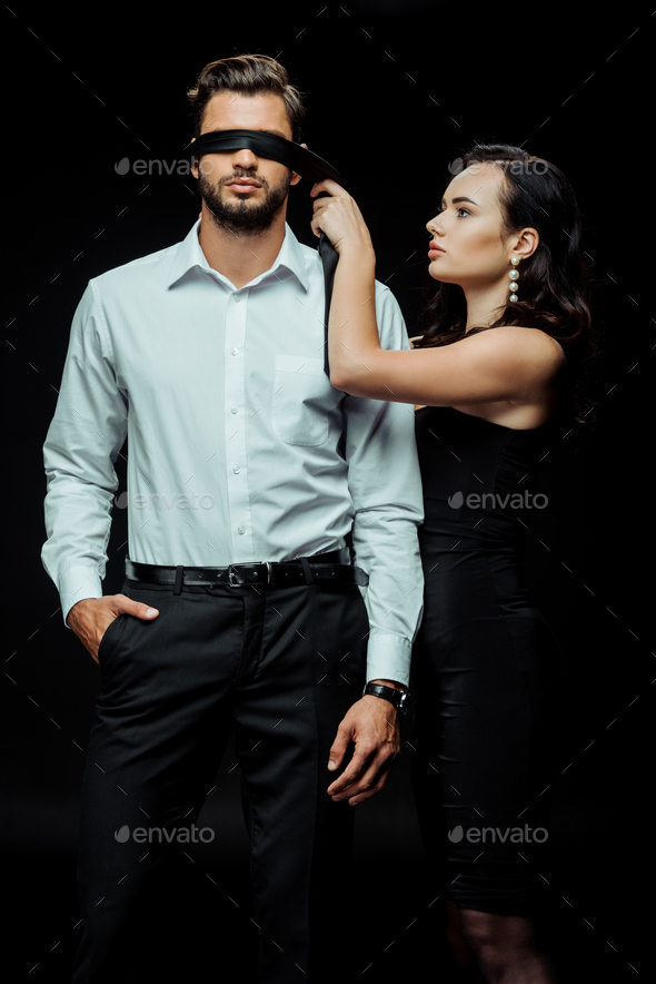 Couple Attractive Woman Whip Man Handcuffs Isolated White Stock