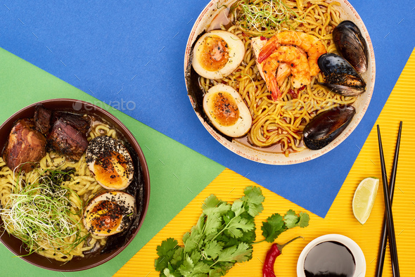 Top View Of Spicy Seafood And Meat Ramen Near Fresh Ingredients Soy