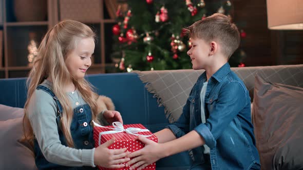 Happy Baby Boy Giving Red Wrapped Gift Box to Little Girl Friend Sister Congrats Xmas Eve at Home alt