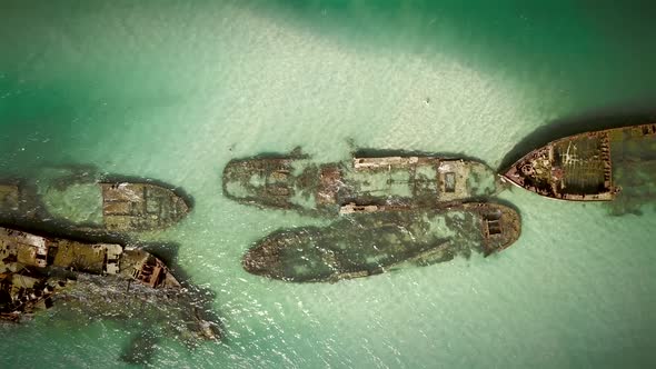 Aerial view of Moreton island shipwrecks in Australia. alt