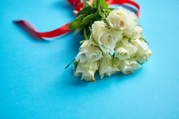 Bouquet of white roses with red bow on blue background - Stock Photo - Images