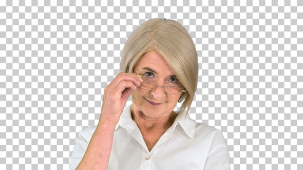Old smart lady in glasses standing with, Alpha Channel alt