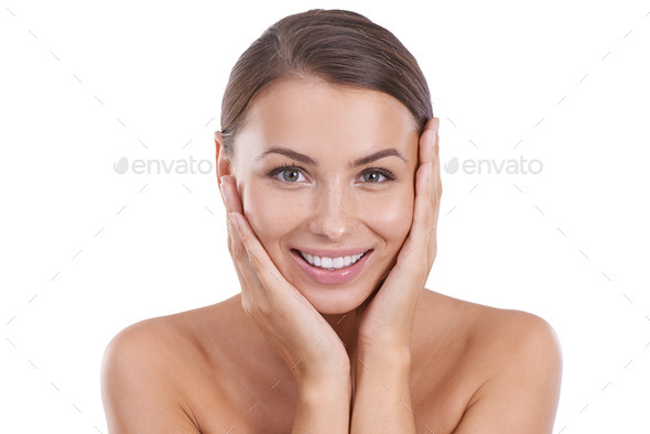 Back view of woman with perfect smooth skin on white background