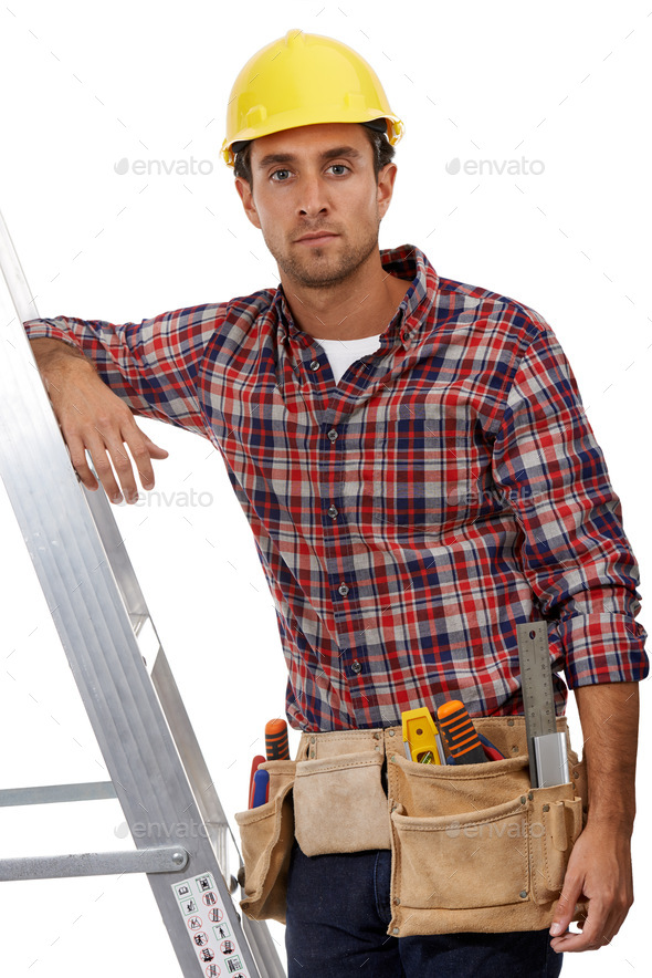 Theres no substitute for getting the job done. Shot of a handyman climbing his ladder.