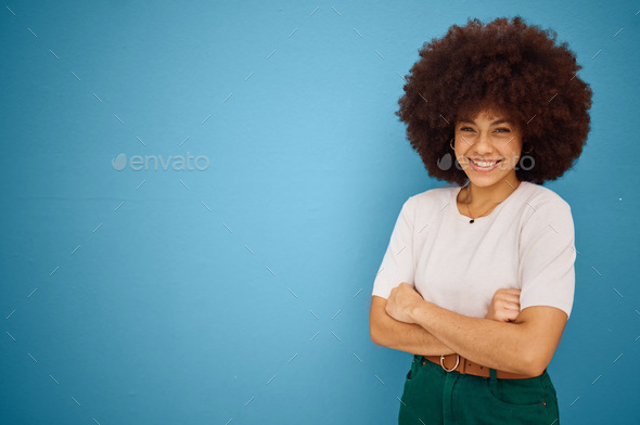 Black woman, arms crossed and natural hair or afro happiness by marketing, advertising or mockup sp