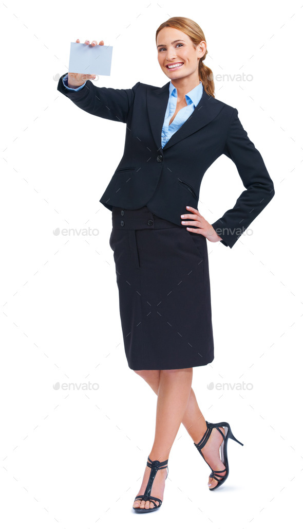 Your name goes here. A young businesswoman holding up a blank businesscard.