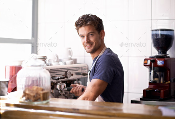 You name the blend and hell make it. Portrait of a young male barista in a coffee shop.