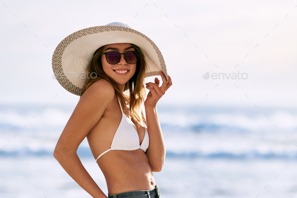Need Cool Young Woman Taking Her Bikini Top Beach Stock Photo by