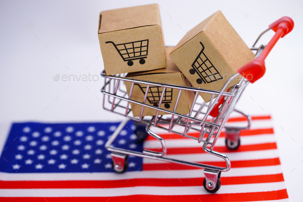 Box with shopping cart logo and USA America flag, Import Export Shopping online