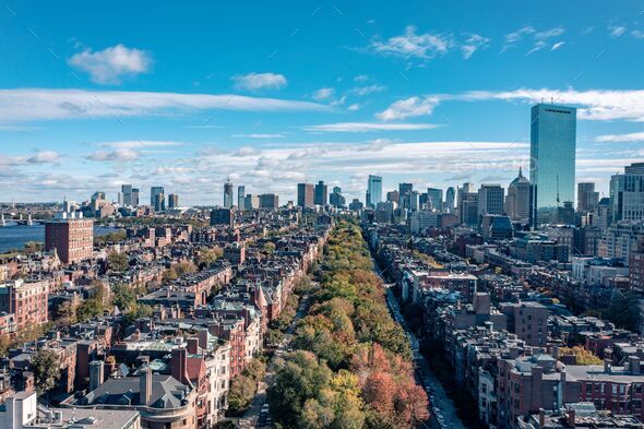 Aerial view of a bright sky over downtown Boston