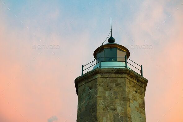 historic stone Lighthouse at sunset, Greece, Katakolo Lighthouse