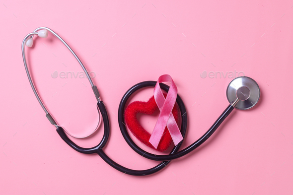 Pink ribbon breast cancer, heart shape and stethoscope