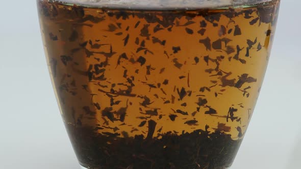 Black Leaf Tea Brew Boiling Water in a Transparent Cup