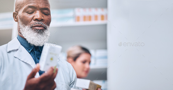Pharmacy, black man and hand of pharmacist with medicine box mock up. Pills, medication and senior