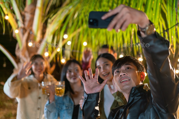 group of friends party video call to make friends show happiness at the party