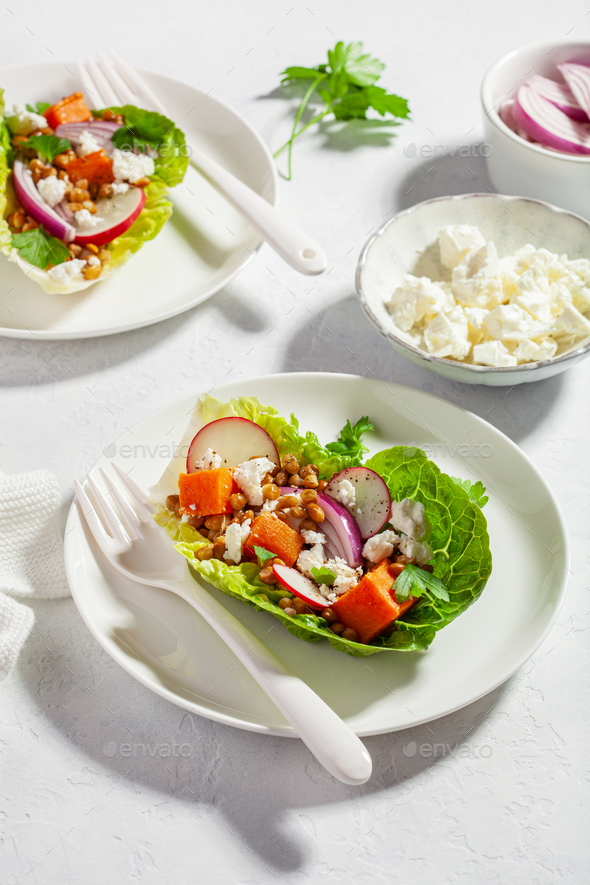 healthy sweet potato lettuce boats with radish, feta cheese, lentils