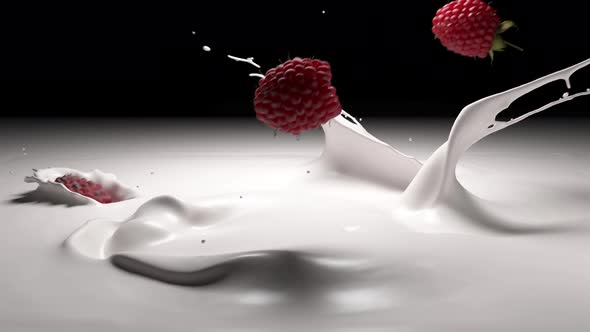 Raspberries Falling into Yogurt 4k