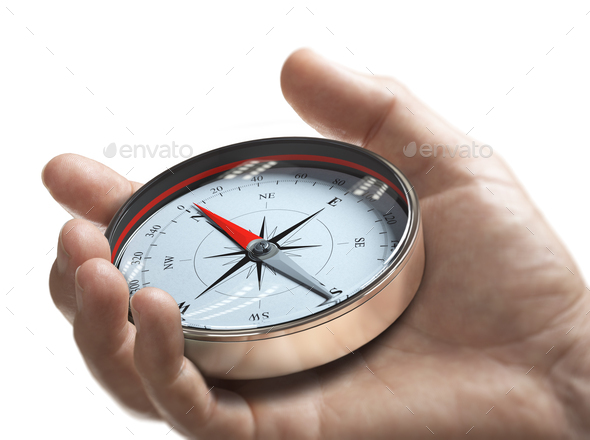 Hand holding a compass over white background. Strategic orientation or direction concept. - Stock Photo - Images