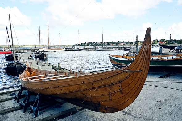Viking boat making, wooden boat on the shore. - Stock Photo - Images
