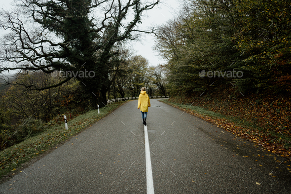 A tiny figure of person walking along a country road in rainy cloudy weather.