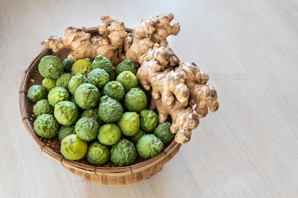 Basket full of kaffir lime and ginger with anti-oxidant and anti-inflammatory property for well