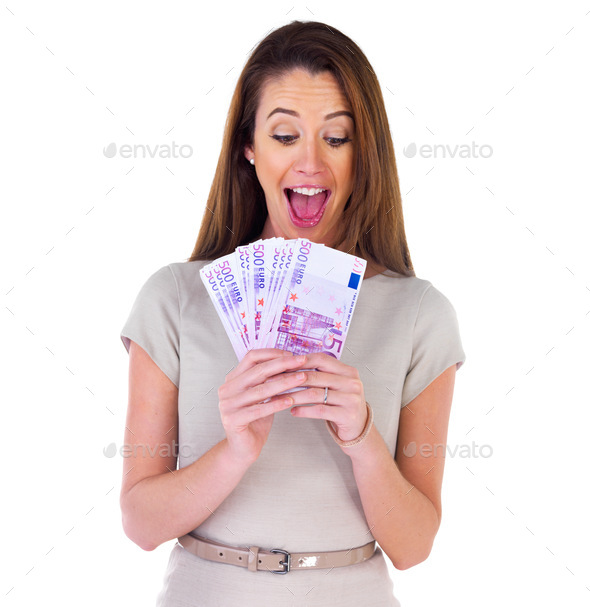 I got paid. Studio shot of a young woman with money to spend.