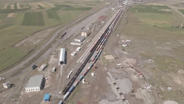 Samtskhe-Javakheti, Georgia - August 22 2021: Aerial view of Akhalkalaki railway station alt