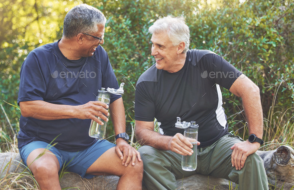 Fitness, friends and elderly men relax after run in park with water bottle, hydration and break aft