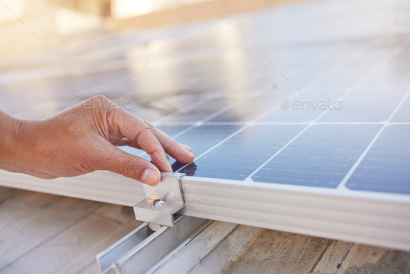 Engineer, hands and solar panel with maintenance, working and industry for renewable energy in suns