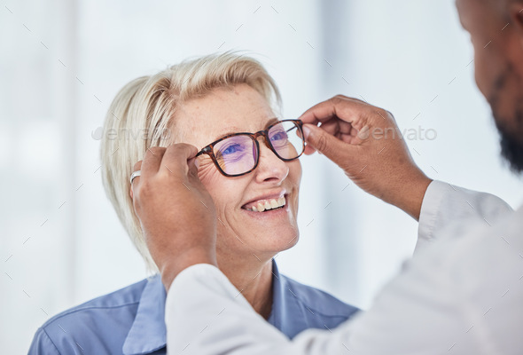 Vision, glasses with doctor and patient, eyes health and optometry, senior woman with black man at