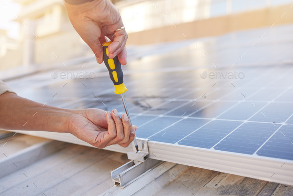 Engineer, hands and solar panel with maintenance, working and industry for renewable energy in suns