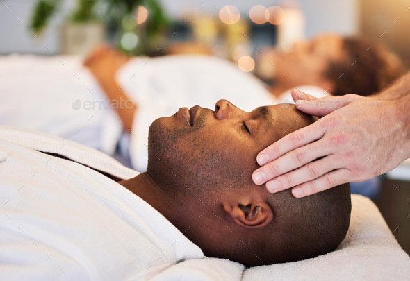 Black Man Relax And Head Massage With Therapist Hands In A Luxury Spa