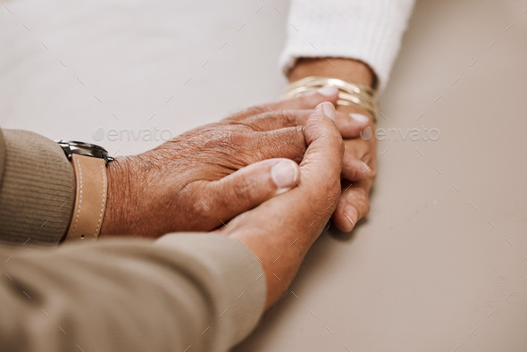 Support, trust and holding hands, senior couple in therapy or marriage counselling session. Love, c