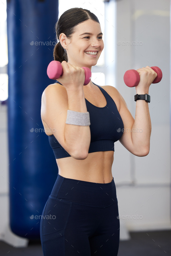 Fitness, dumbbell weights and woman doing an exercise for arm strength