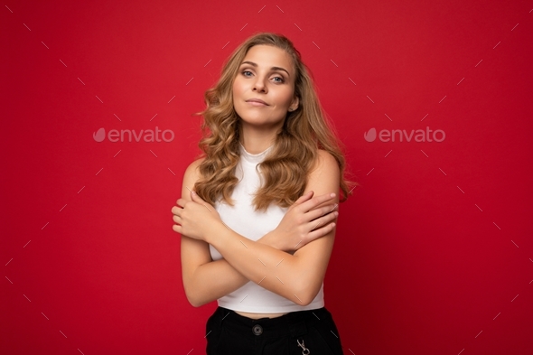 Photo of young charming fascinating attractive happy touchy blonde woman with sincere emotions