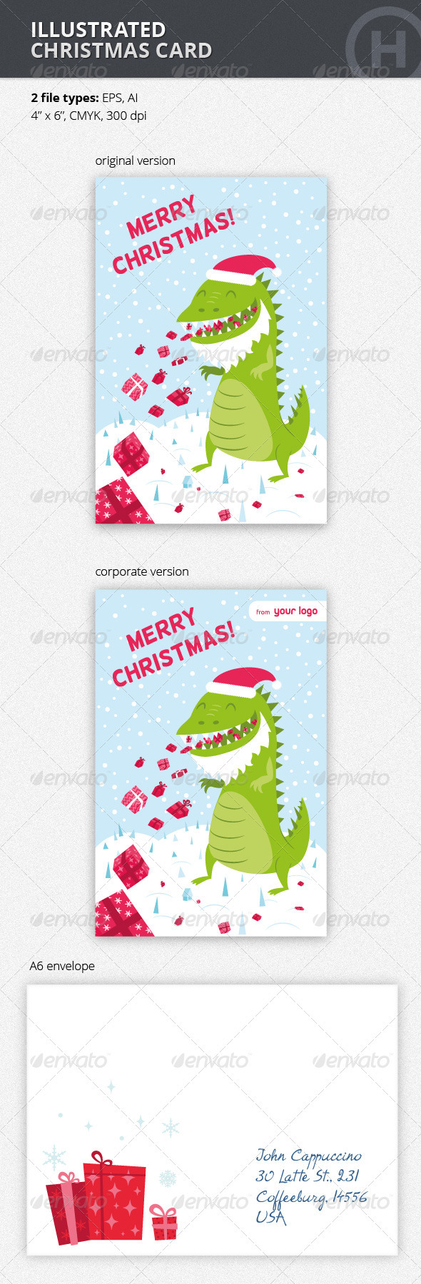 Illustrated Christmas Card with Godzilla - Holiday Greeting Cards