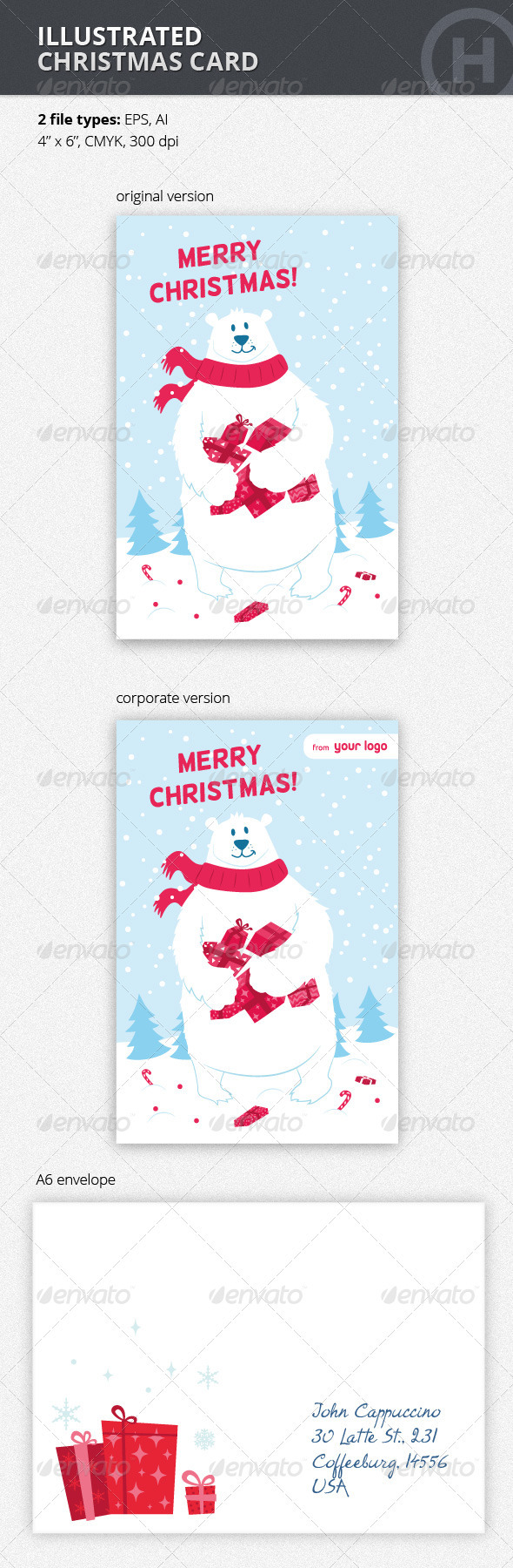 Illustrated Christmas Card with Polar Bear - Holiday Greeting Cards