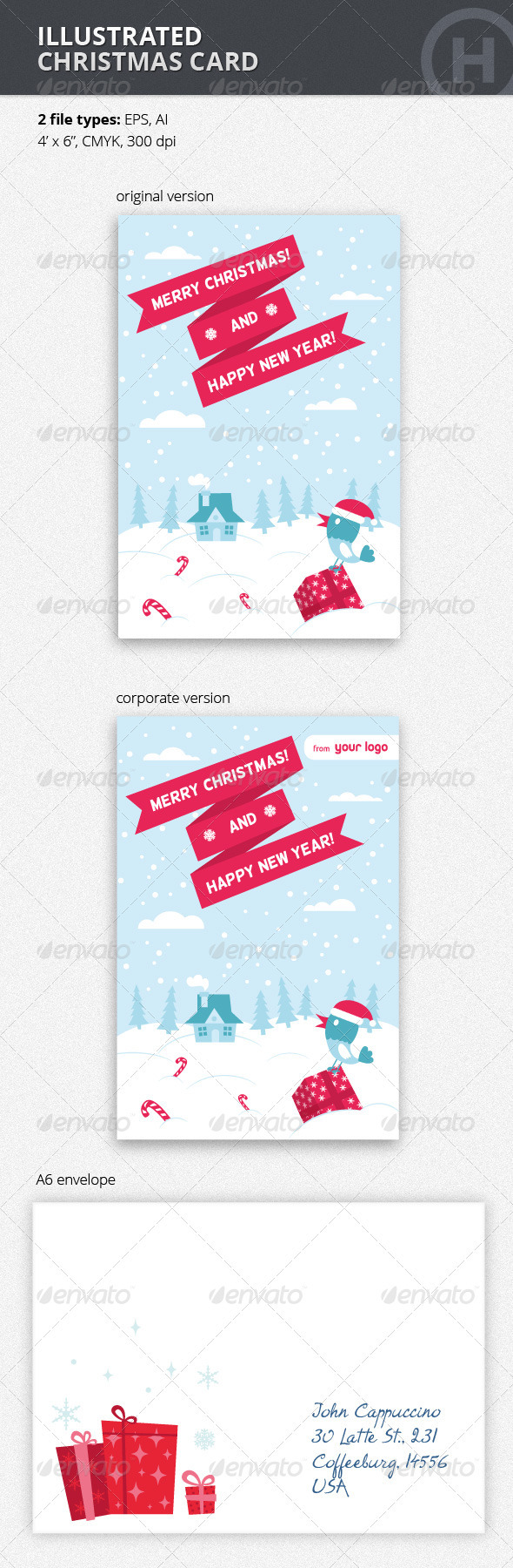Illustrated Christmas Card with Bird - Holiday Greeting Cards