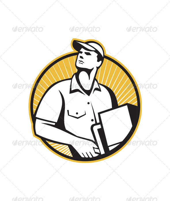 Delivery Man Pushing Dolly With Carton Retro - People Characters