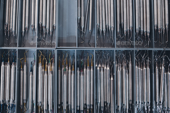 row of many basic stainless steel dental tools supplies on display in boxes - Stock Photo - Images