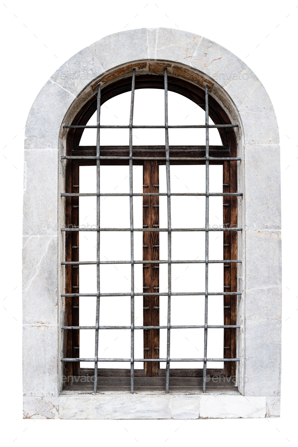 vintage window with stone marble frame protected with metallic railing bars isolated on white - Stock Photo - Images