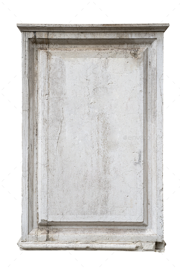 square empty classic ornamental frame signboard plaque on white marble stone wall isolated on white - Stock Photo - Images