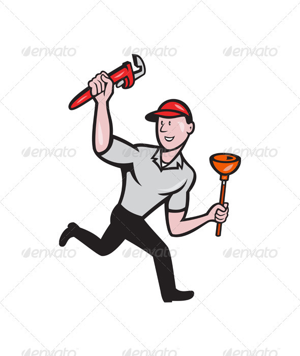 Plumber With Monkey Wrench And Plunger - People Characters