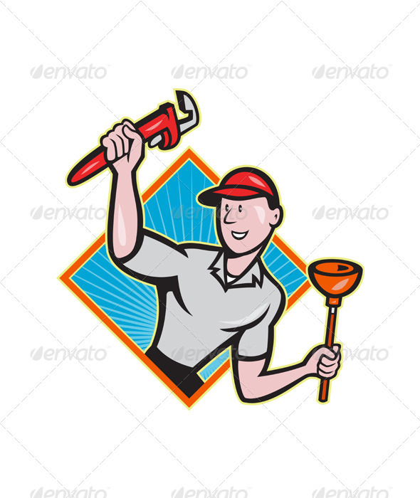 Plumber With Monkey Wrench And Plunger Cartoon - People Characters