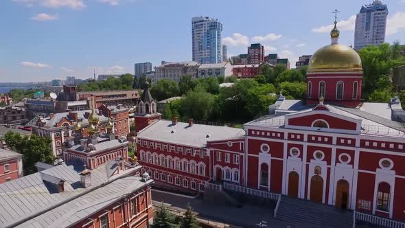 Renovated Old Buildings of Orthodox Monastery in Samara City Aerial View