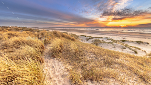 Beach and dunes colorful sunset - Stock Photo - Images